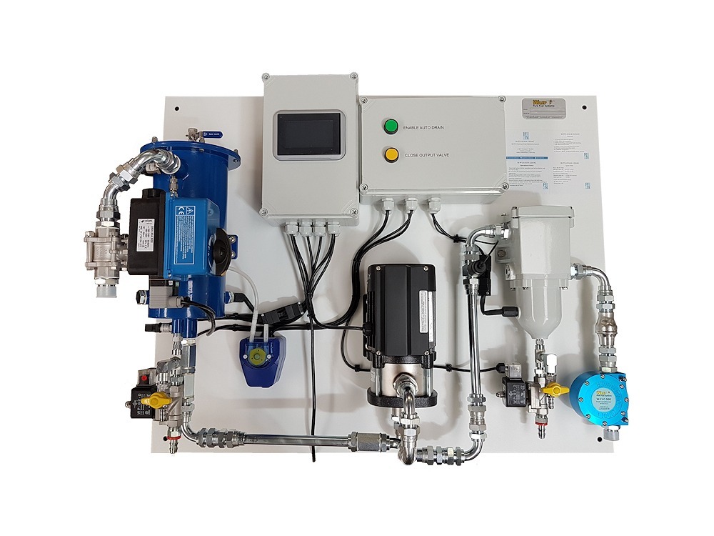 This 10 lit/min W-PFS system was built with an auto drain add-on. Automatically draining any separated water and contamination thus saving maintenance time.
